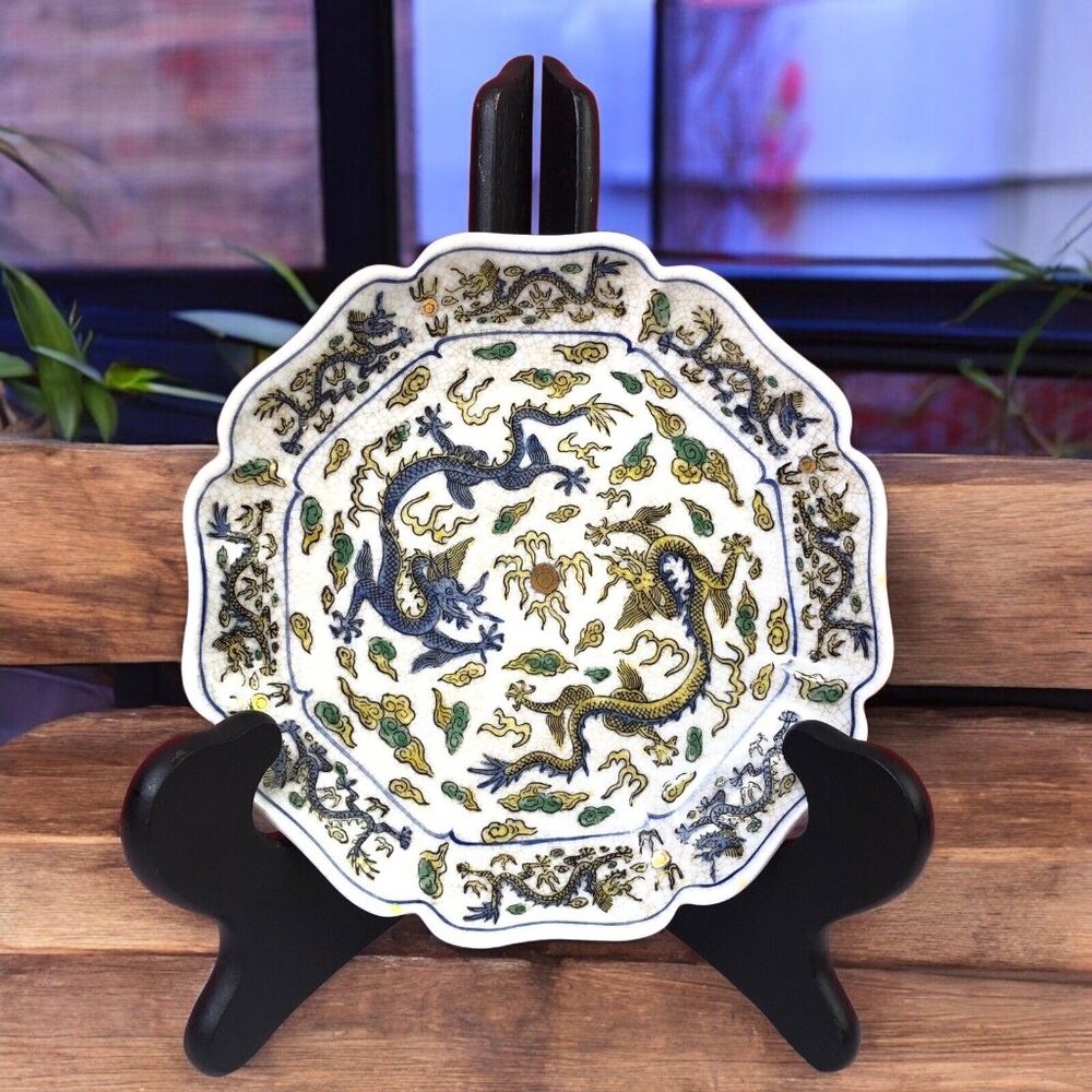 VTG Chinese Dragon Pair Trinket Decorative Plate Crackle Glaze Scalloped Trim